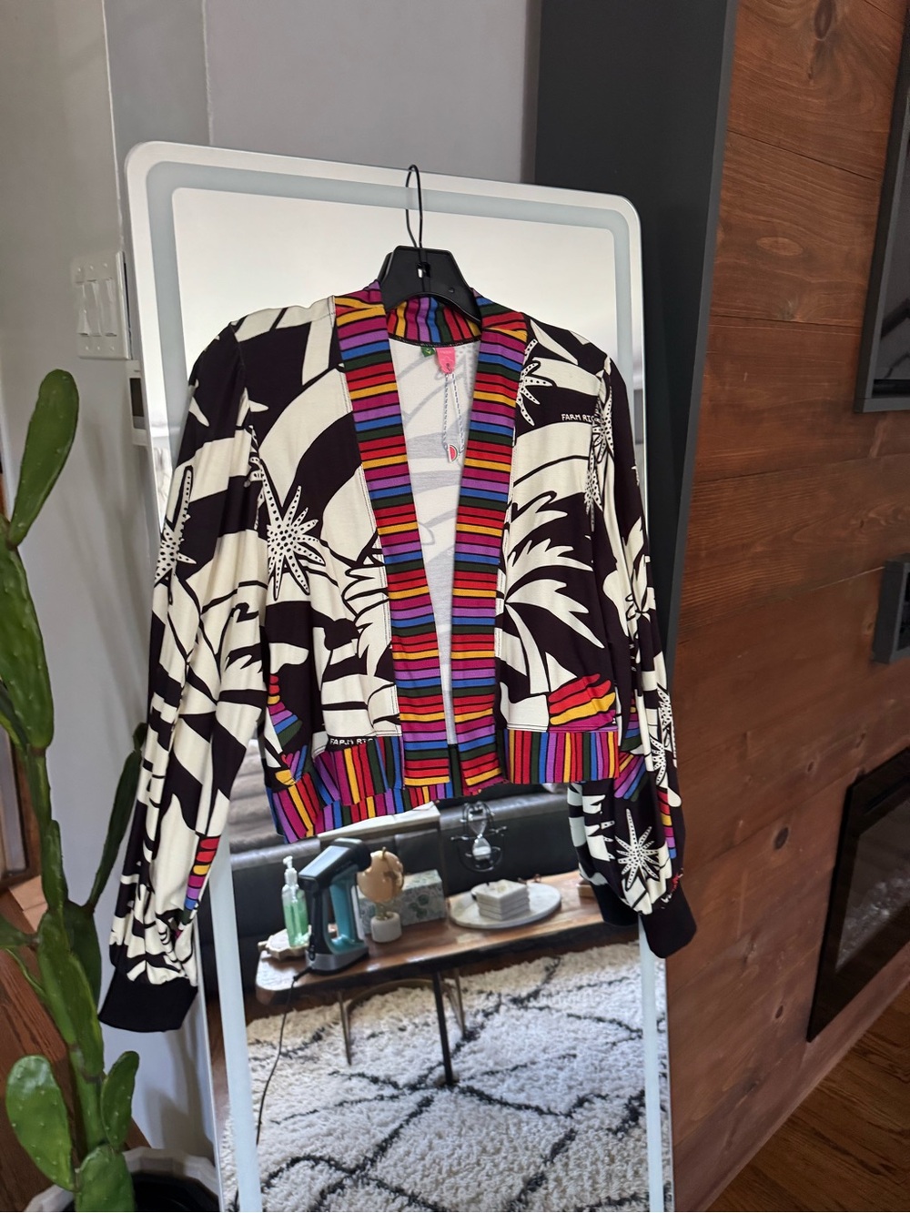 FARM Rio Black & Cream Botanical Cropped Bomber with Rainbow Trim sz small